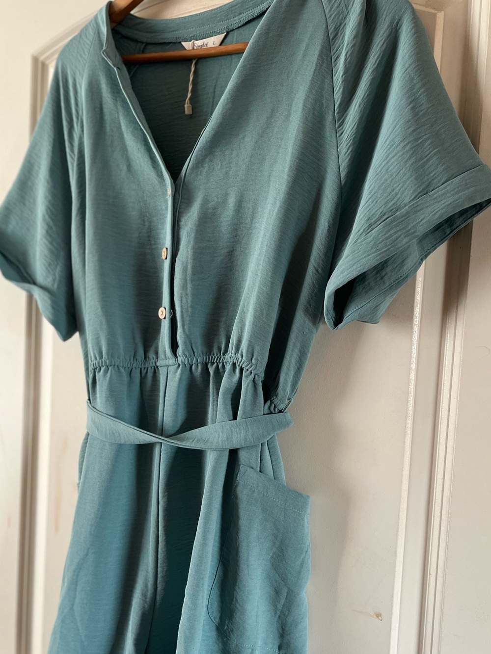 Simplee Apparel Teal Short-Sleeve Button-Front Jumpsuit with Waist Tie
